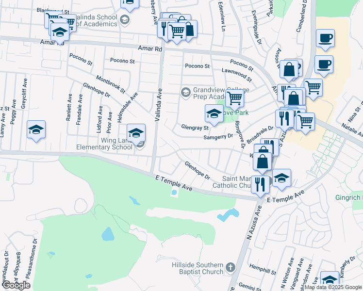 map of restaurants, bars, coffee shops, grocery stores, and more near 16801 Wing Lane in La Puente