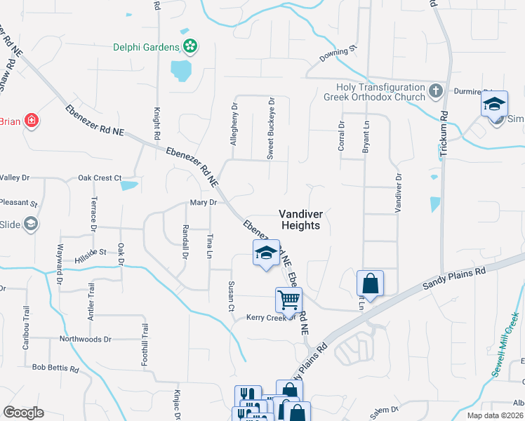 map of restaurants, bars, coffee shops, grocery stores, and more near 2031 Shadowood Drive in Marietta