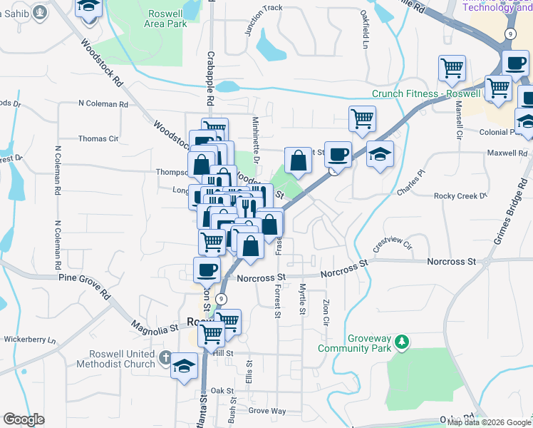 map of restaurants, bars, coffee shops, grocery stores, and more near 1109 Green Street in Roswell