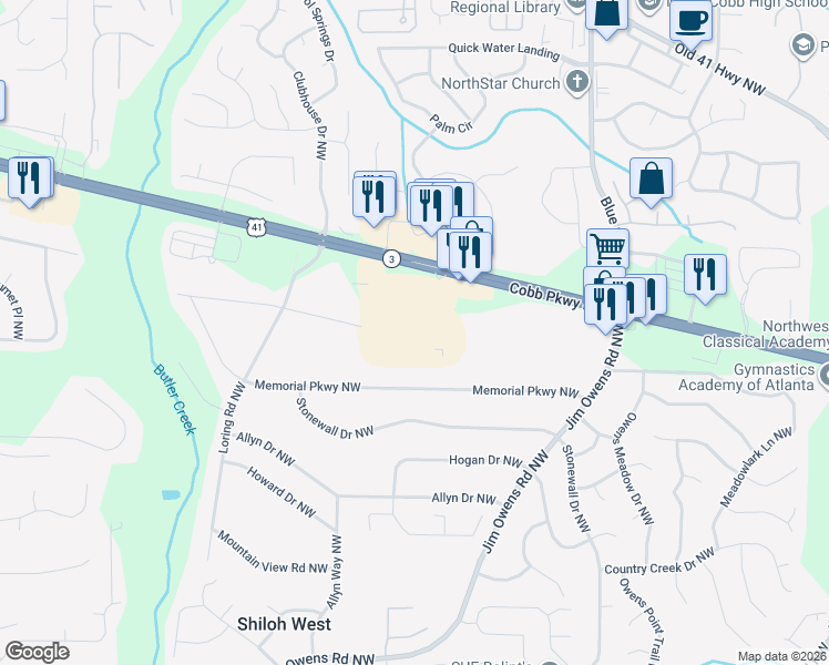 map of restaurants, bars, coffee shops, grocery stores, and more near 3105 Cobb Pkwy in Kennesaw