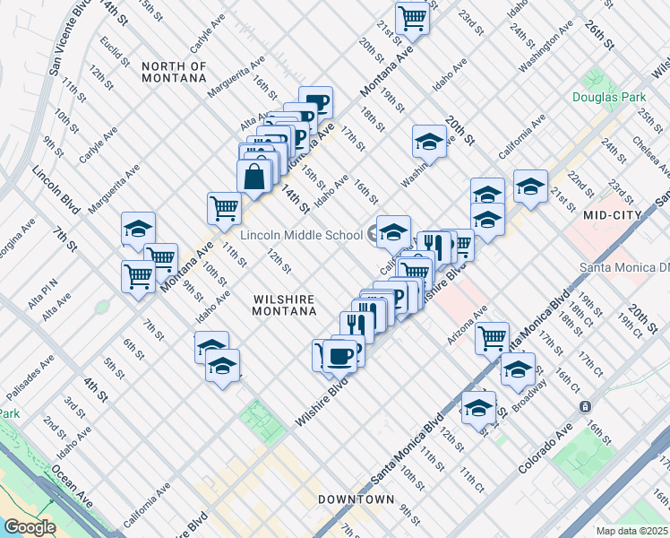 map of restaurants, bars, coffee shops, grocery stores, and more near 1314 Washington Avenue in Santa Monica