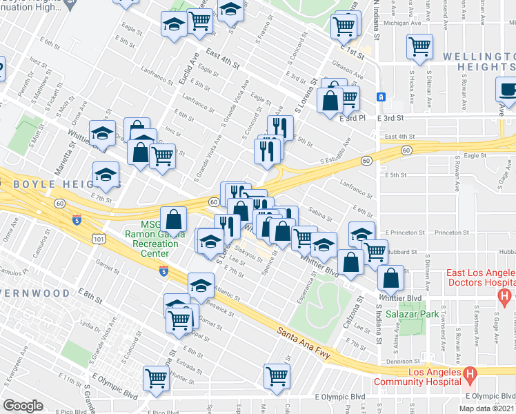 map of restaurants, bars, coffee shops, grocery stores, and more near 3408 Percy Street in Los Angeles