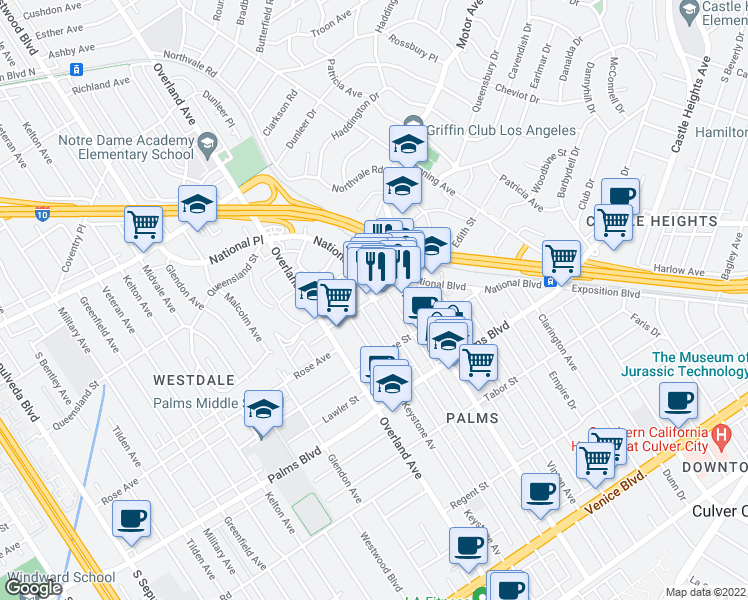 map of restaurants, bars, coffee shops, grocery stores, and more near 3177 Mentone Ave in Los Angeles