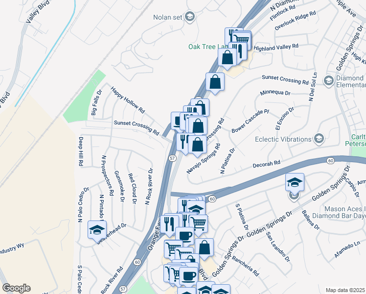 map of restaurants, bars, coffee shops, grocery stores, and more near North Diamond Bar Boulevard & Sunset Crossing Road in Diamond Bar