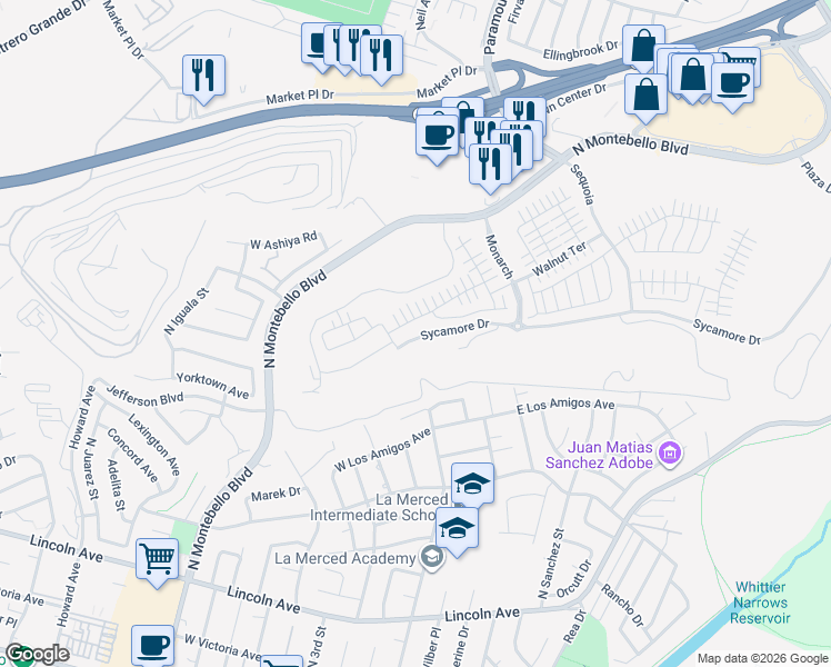 map of restaurants, bars, coffee shops, grocery stores, and more near 1300 North Montebello Boulevard in Montebello