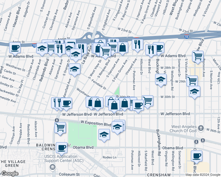 map of restaurants, bars, coffee shops, grocery stores, and more near 2848 South Palm Grove Avenue in Los Angeles