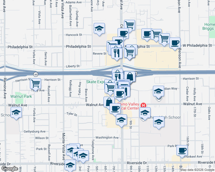 map of restaurants, bars, coffee shops, grocery stores, and more near 21351 Marshall Avenue in Chino