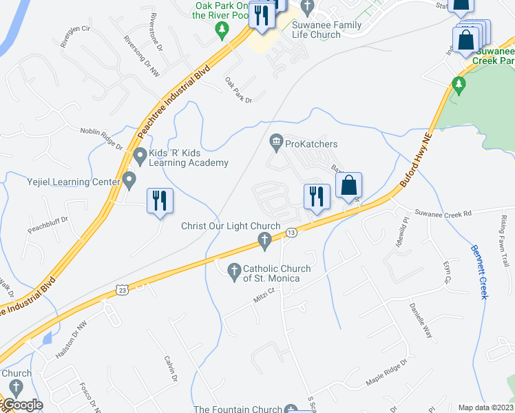 map of restaurants, bars, coffee shops, grocery stores, and more near 3893 Ridge Grove Way in Suwanee