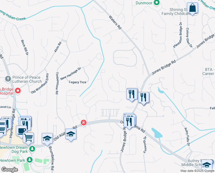 map of restaurants, bars, coffee shops, grocery stores, and more near 3465 Jones Ferry Lane in Alpharetta