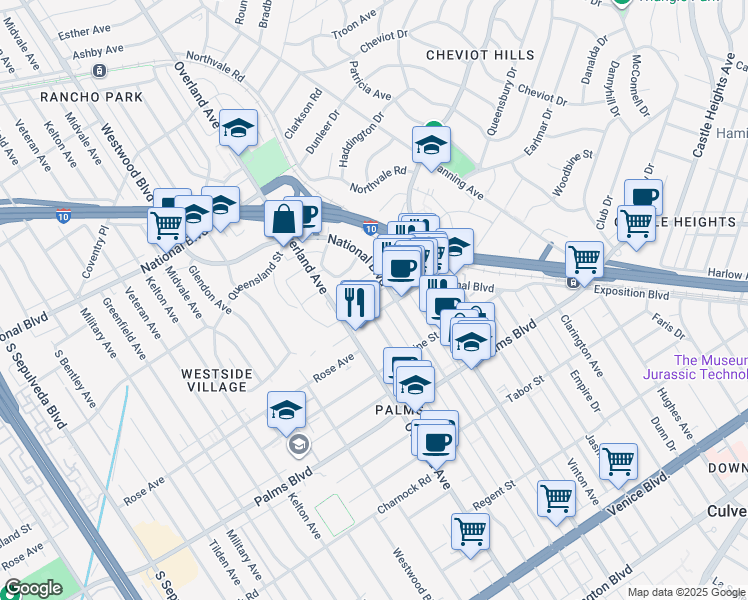 map of restaurants, bars, coffee shops, grocery stores, and more near 10480 National Boulevard in Los Angeles