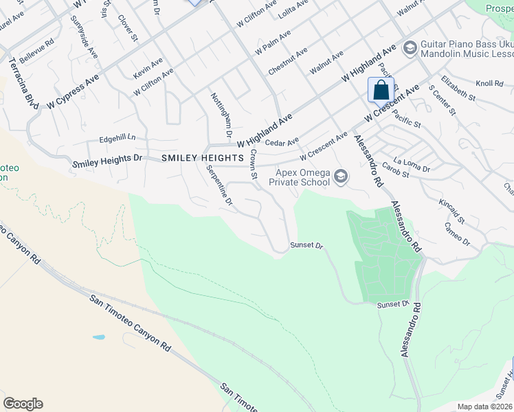 map of restaurants, bars, coffee shops, grocery stores, and more near 1215 Mira Monte Drive in Redlands