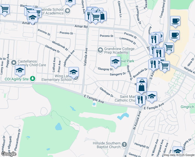 map of restaurants, bars, coffee shops, grocery stores, and more near 16801 Wing Lane in La Puente