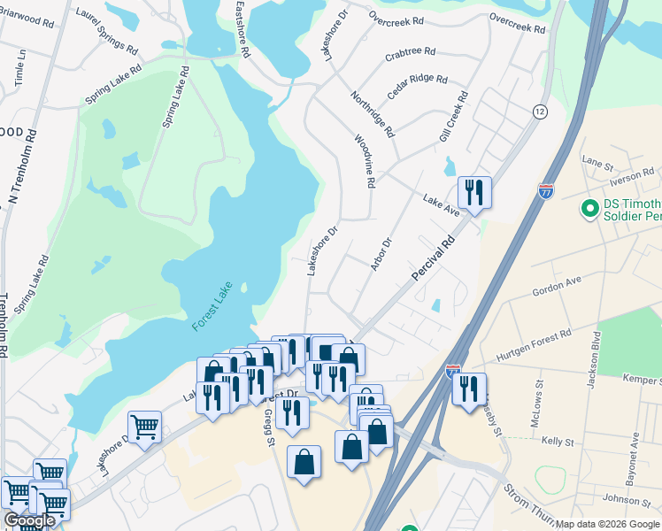 map of restaurants, bars, coffee shops, grocery stores, and more near 215 Partridge Drive in Columbia