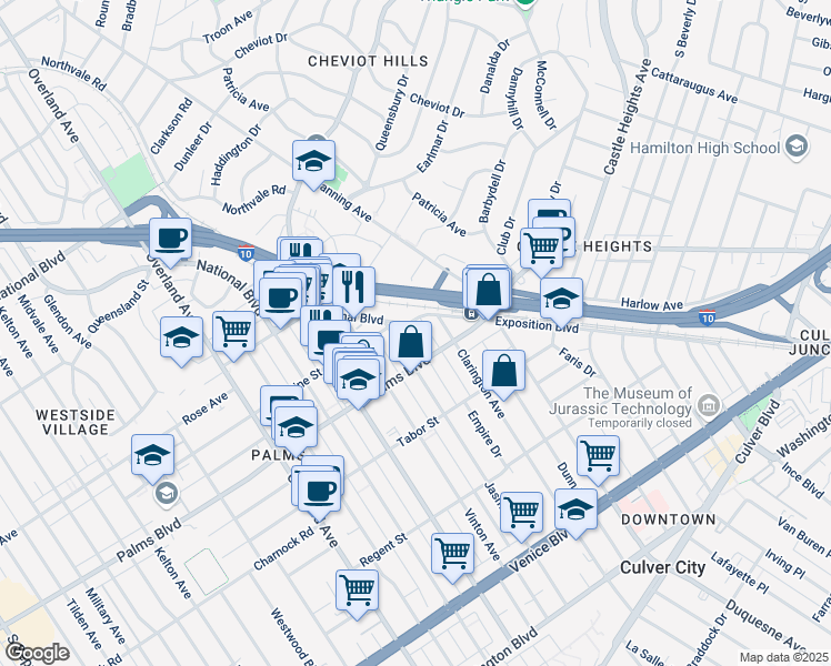 map of restaurants, bars, coffee shops, grocery stores, and more near 10150 National Boulevard in Los Angeles