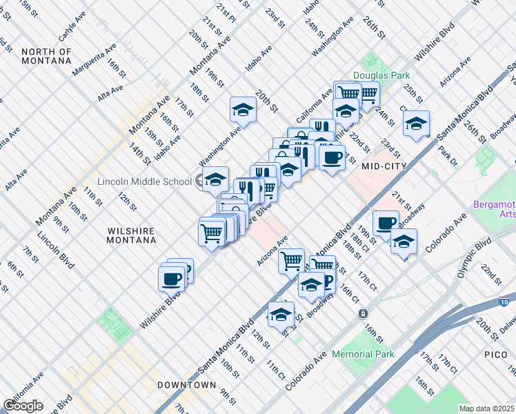 map of restaurants, bars, coffee shops, grocery stores, and more near 1601 Wilshire Boulevard in Santa Monica