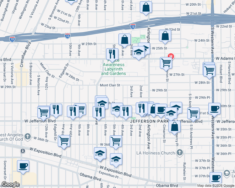 map of restaurants, bars, coffee shops, grocery stores, and more near 2912 5th Avenue in Los Angeles