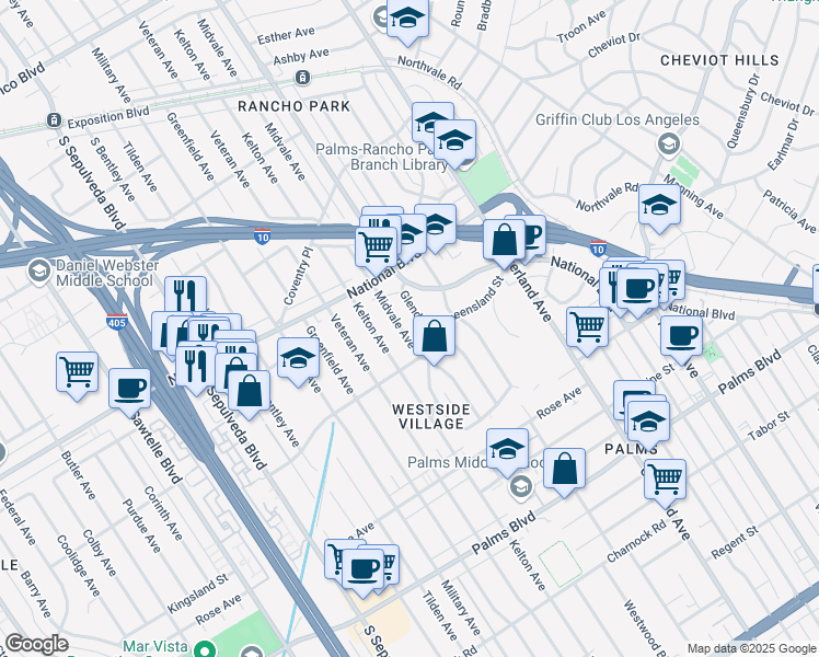 map of restaurants, bars, coffee shops, grocery stores, and more near 3116 Midvale Avenue in Los Angeles