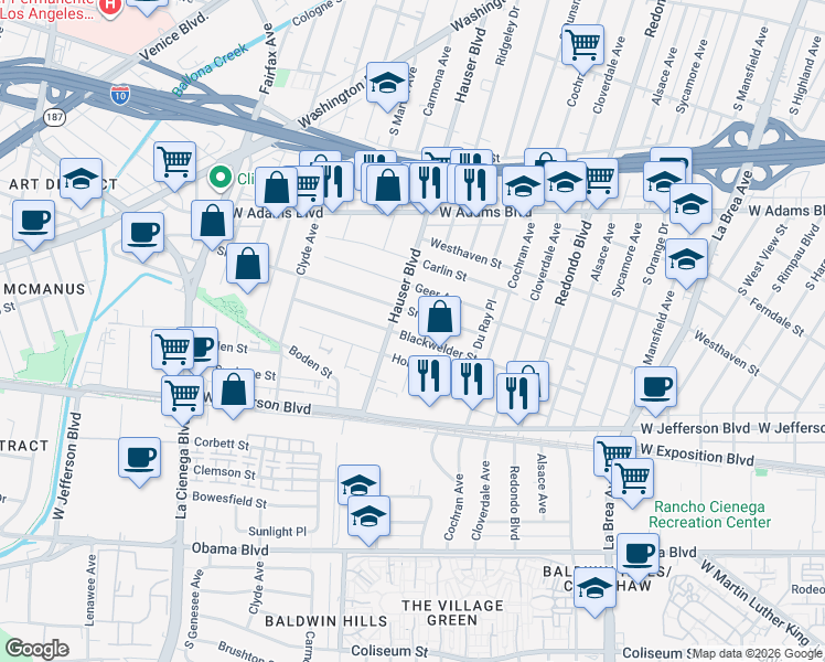 map of restaurants, bars, coffee shops, grocery stores, and more near 5458 Smiley Drive in Los Angeles