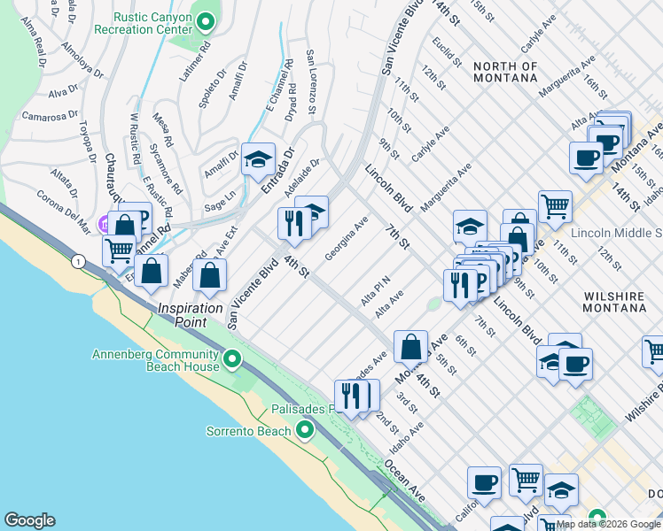 map of restaurants, bars, coffee shops, grocery stores, and more near 426 Georgina Avenue in Santa Monica