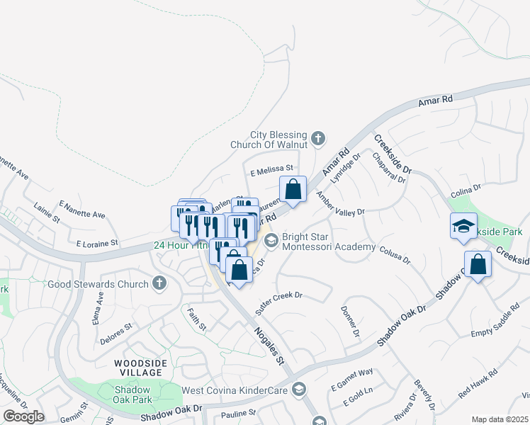 map of restaurants, bars, coffee shops, grocery stores, and more near 2710 East Maureen Street in West Covina