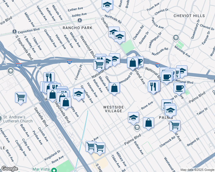 map of restaurants, bars, coffee shops, grocery stores, and more near 3116 Midvale Avenue in Los Angeles