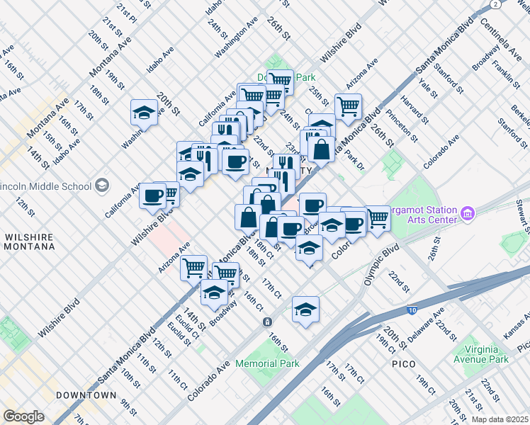 map of restaurants, bars, coffee shops, grocery stores, and more near 1360 20th Street in Santa Monica