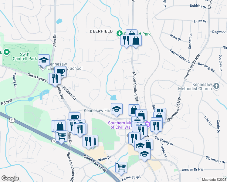 map of restaurants, bars, coffee shops, grocery stores, and more near 2375 Whispering Drive Northwest in Kennesaw