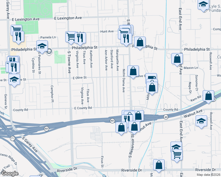 map of restaurants, bars, coffee shops, grocery stores, and more near 2379 Stanford Avenue in Pomona