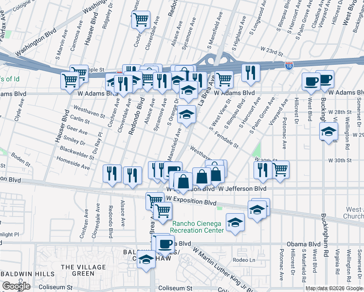 map of restaurants, bars, coffee shops, grocery stores, and more near 2905 South La Brea Avenue in Los Angeles