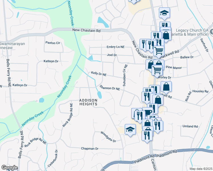 map of restaurants, bars, coffee shops, grocery stores, and more near 535 Shannon Drive Northeast in Marietta