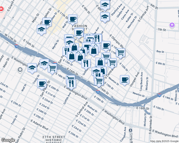 map of restaurants, bars, coffee shops, grocery stores, and more near 1462 Griffith Avenue in Los Angeles