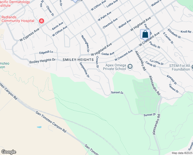map of restaurants, bars, coffee shops, grocery stores, and more near 1227 Mira Monte Drive in Redlands