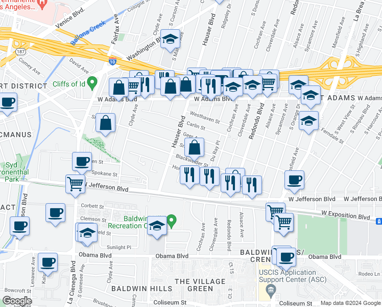 map of restaurants, bars, coffee shops, grocery stores, and more near 5424 Smiley Drive in Los Angeles