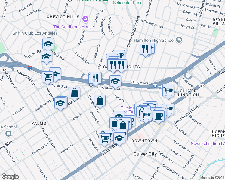 map of restaurants, bars, coffee shops, grocery stores, and more near 9801 Tabor Street in Los Angeles