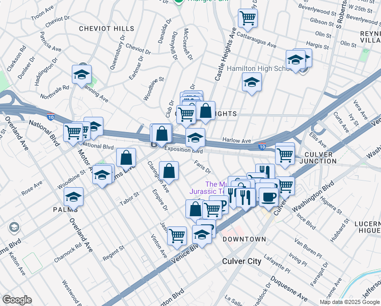 map of restaurants, bars, coffee shops, grocery stores, and more near 9801 Tabor Street in Los Angeles