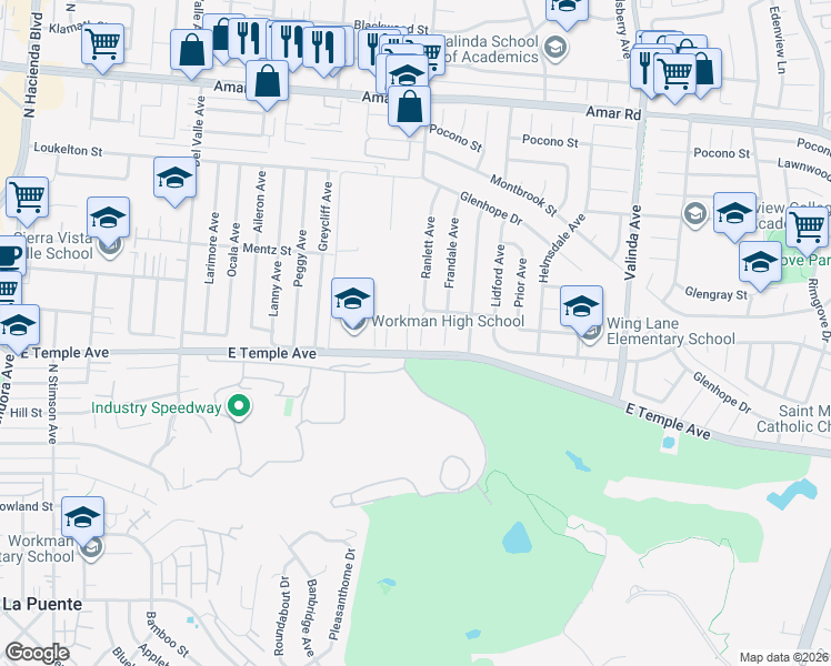 map of restaurants, bars, coffee shops, grocery stores, and more near 534 Ranlett Avenue in La Puente