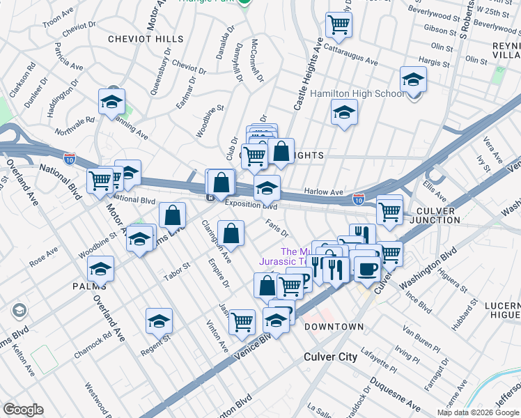 map of restaurants, bars, coffee shops, grocery stores, and more near 9801 Tabor Street in Los Angeles