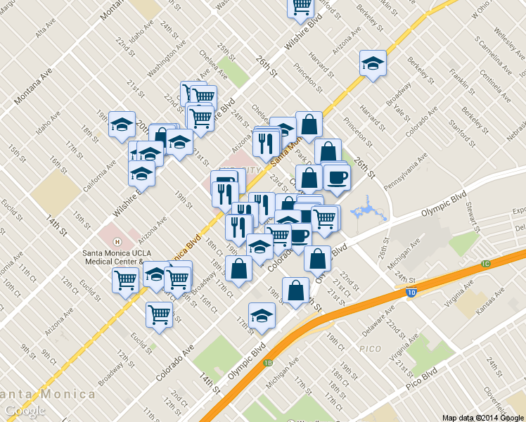 map of restaurants, bars, coffee shops, grocery stores, and more near 1445 21st Street in Santa Monica
