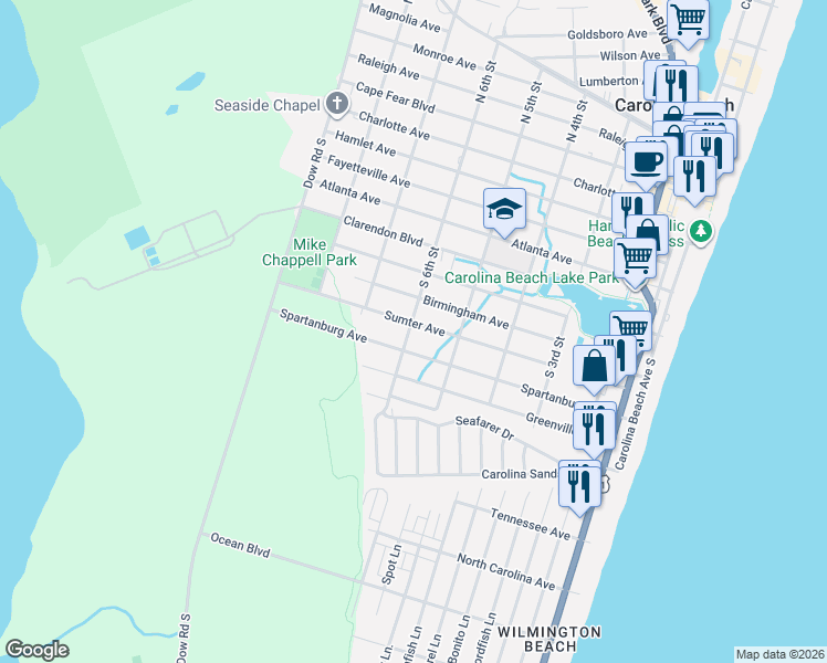 map of restaurants, bars, coffee shops, grocery stores, and more near 519 Sumter Avenue in Carolina Beach