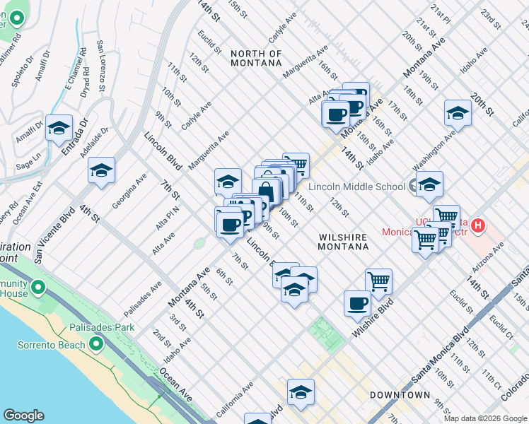 map of restaurants, bars, coffee shops, grocery stores, and more near 729 9th Street in Santa Monica