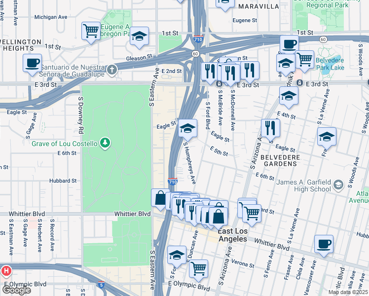 map of restaurants, bars, coffee shops, grocery stores, and more near 505 South Humphreys Avenue in East Los Angeles