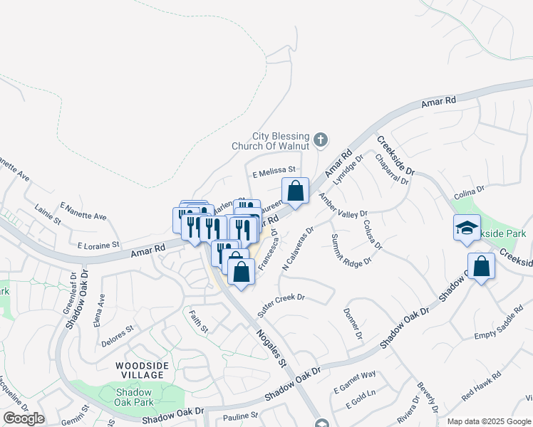 map of restaurants, bars, coffee shops, grocery stores, and more near 2710 East Maureen Street in West Covina