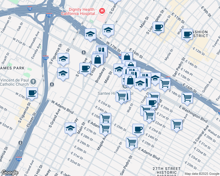 map of restaurants, bars, coffee shops, grocery stores, and more near 1961 South Los Angeles Street in Los Angeles