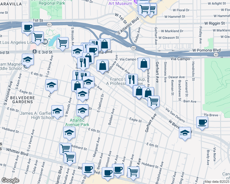 map of restaurants, bars, coffee shops, grocery stores, and more near 5408 Via Corona Street in East Los Angeles