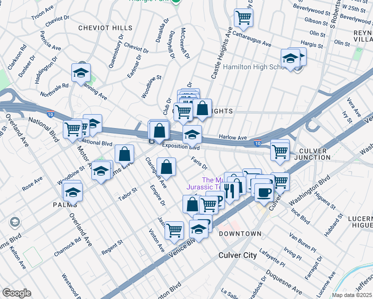 map of restaurants, bars, coffee shops, grocery stores, and more near 9801 Tabor Street in Los Angeles