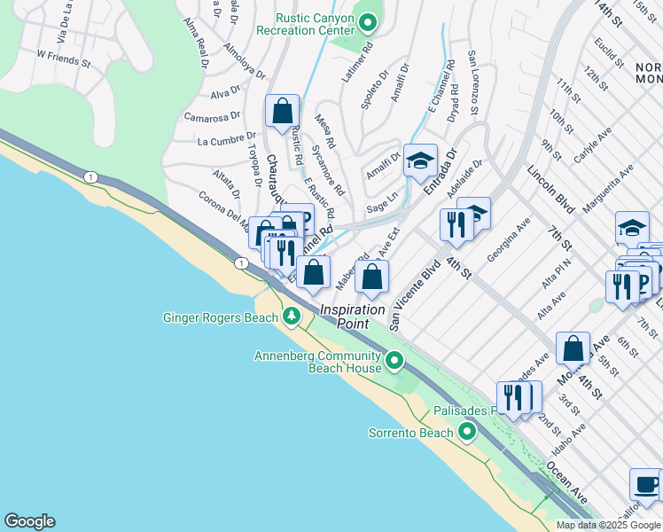 map of restaurants, bars, coffee shops, grocery stores, and more near 168 Ocean Way in Santa Monica