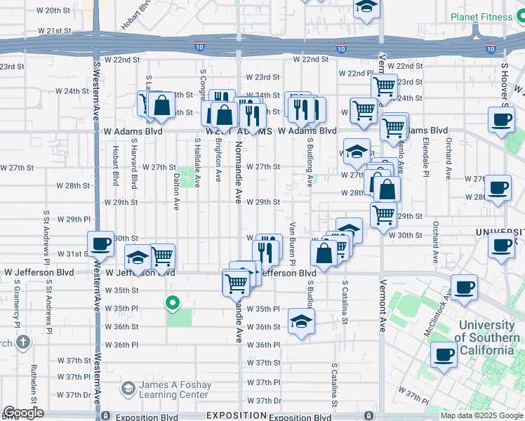 map of restaurants, bars, coffee shops, grocery stores, and more near 1650 West 29th Street in Los Angeles