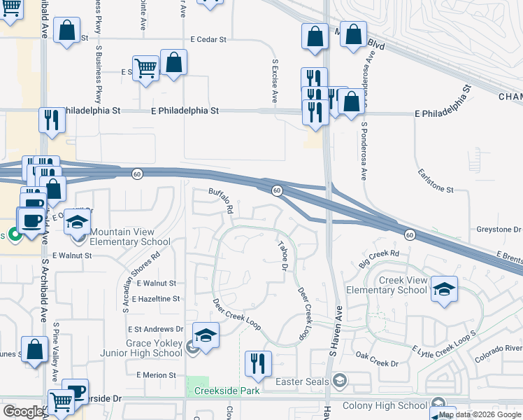 map of restaurants, bars, coffee shops, grocery stores, and more near 3227 Antler Road in Ontario