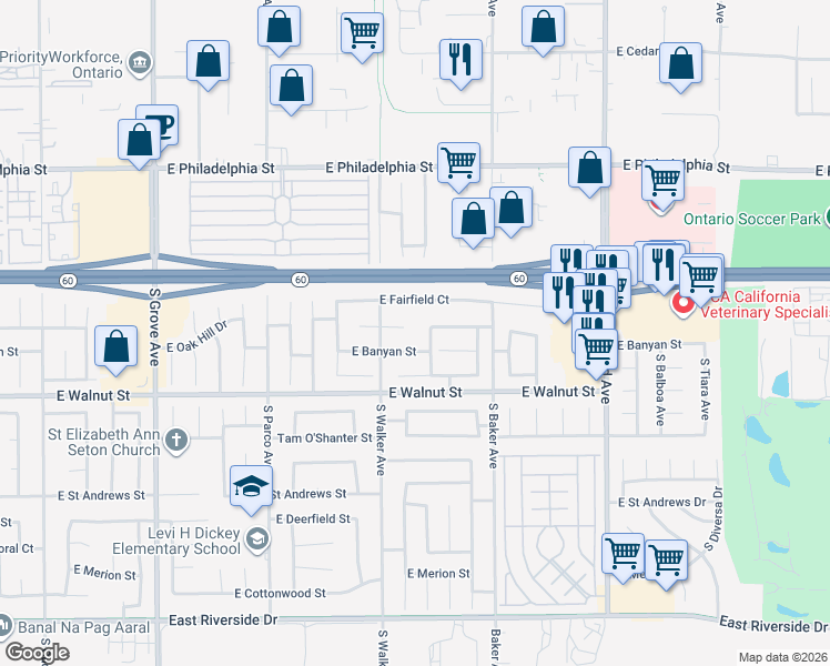 map of restaurants, bars, coffee shops, grocery stores, and more near 2436 South Pinehurst Place in Ontario