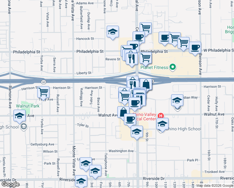 map of restaurants, bars, coffee shops, grocery stores, and more near 21351 Marshall Avenue in Chino